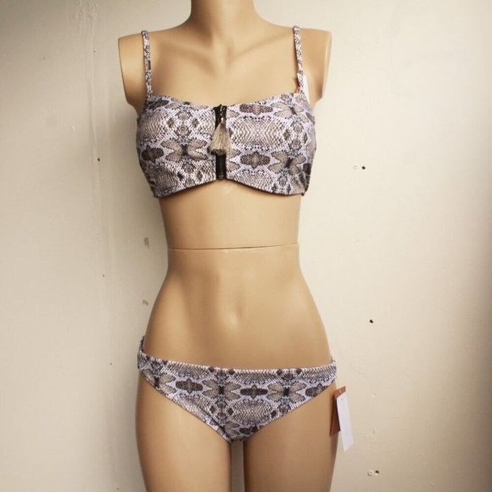 Rachel Roy Smocked Strappy Zippered Snake Print Convertible Bikini Set Sz XL